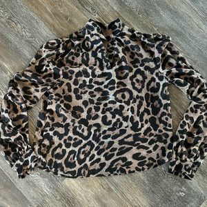 SHEIN Sheer Leopard Keyhole Long Sleeve Shirt Top Medium.